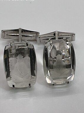 SILVER Tone Clear TOPAZ Reverse Carved Seated Buddhist Cufflinks